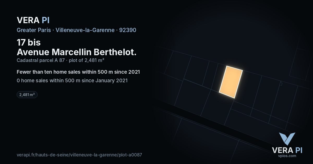 17 bis Avenue Marcellin Berthelot, Villeneuve-la-Garenne at night – the plot lit, the parcels around coloured by the prices near them