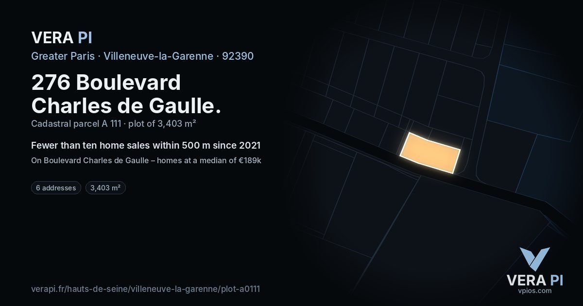 276 Boulevard Charles de Gaulle, Villeneuve-la-Garenne at night – the plot lit, the parcels around coloured by the prices near them