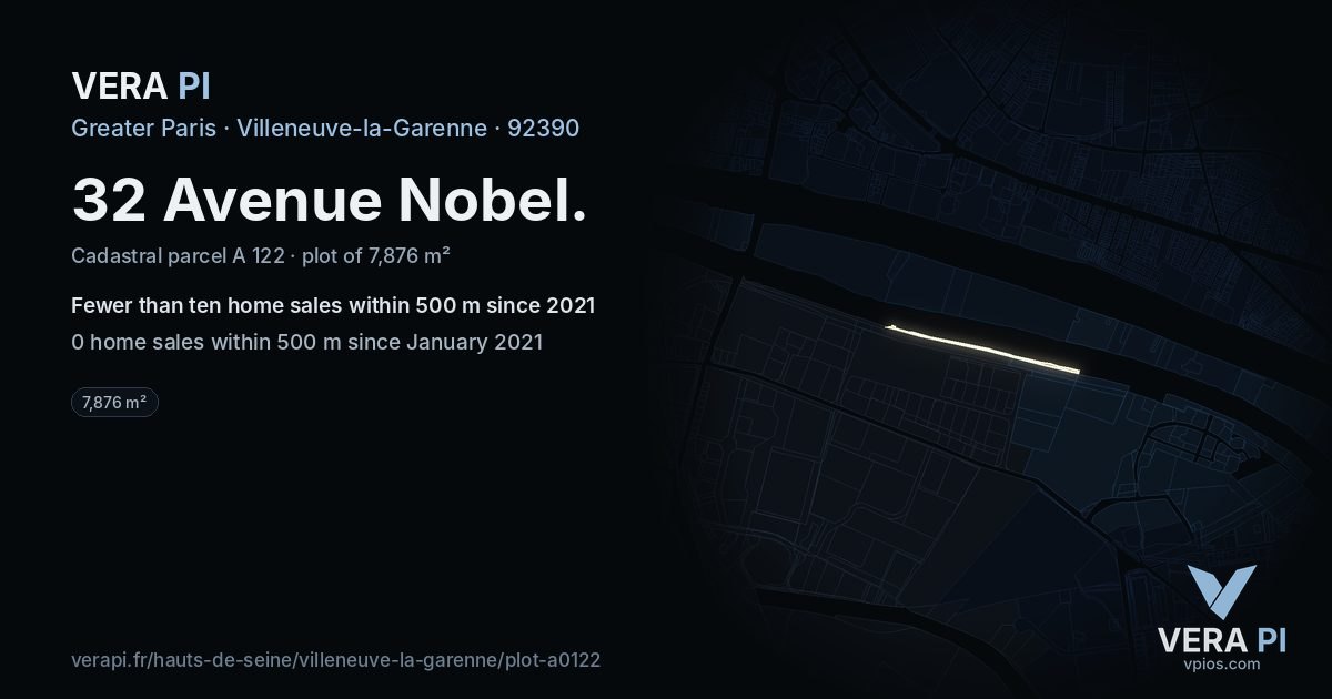 32 Avenue Nobel, Villeneuve-la-Garenne at night – the plot lit, the parcels around coloured by the prices near them