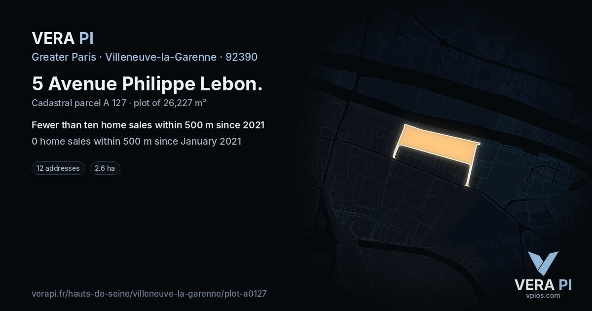 5 Avenue Philippe Lebon, Villeneuve-la-Garenne at night – the plot lit, the parcels around coloured by the prices near them