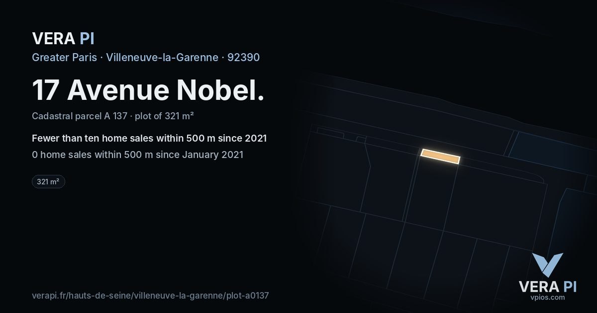 17 Avenue Nobel, Villeneuve-la-Garenne at night – the plot lit, the parcels around coloured by the prices near them