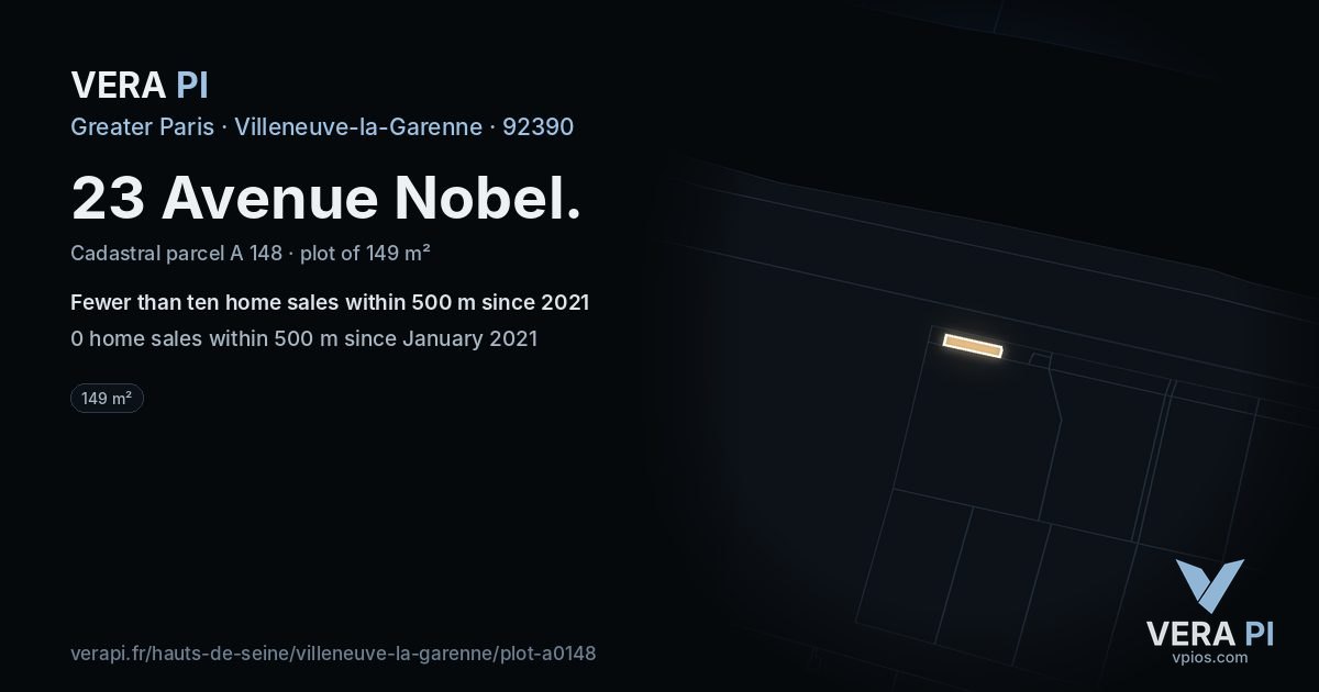 23 Avenue Nobel, Villeneuve-la-Garenne at night – the plot lit, the parcels around coloured by the prices near them
