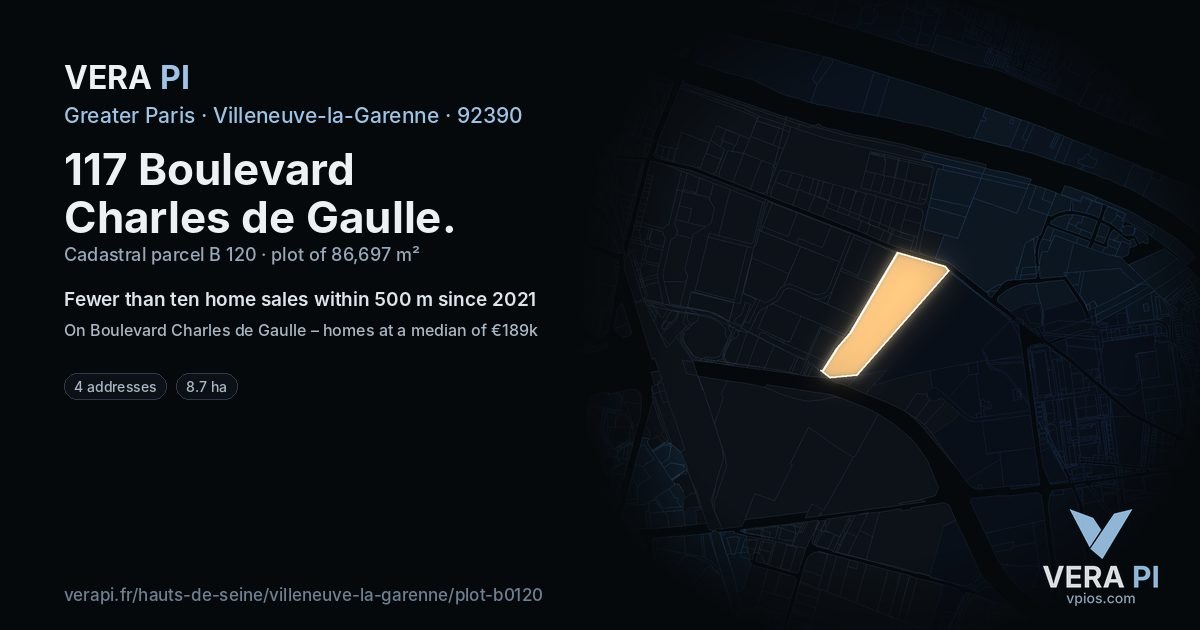 117 Boulevard Charles de Gaulle, Villeneuve-la-Garenne at night – the plot lit, the parcels around coloured by the prices near them