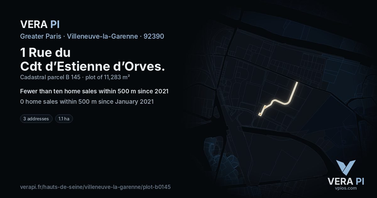 1 Rue du Cdt d’Estienne d’Orves, Villeneuve-la-Garenne at night – the plot lit, the parcels around coloured by the prices near them