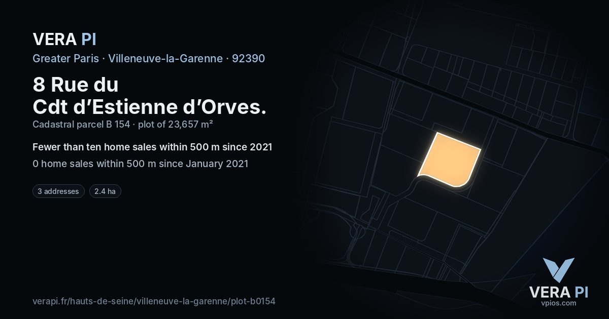 8 Rue du Cdt d’Estienne d’Orves, Villeneuve-la-Garenne at night – the plot lit, the parcels around coloured by the prices near them
