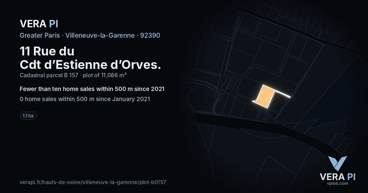 11 Rue du Cdt d’Estienne d’Orves, Villeneuve-la-Garenne at night – the plot lit, the parcels around coloured by the prices near them