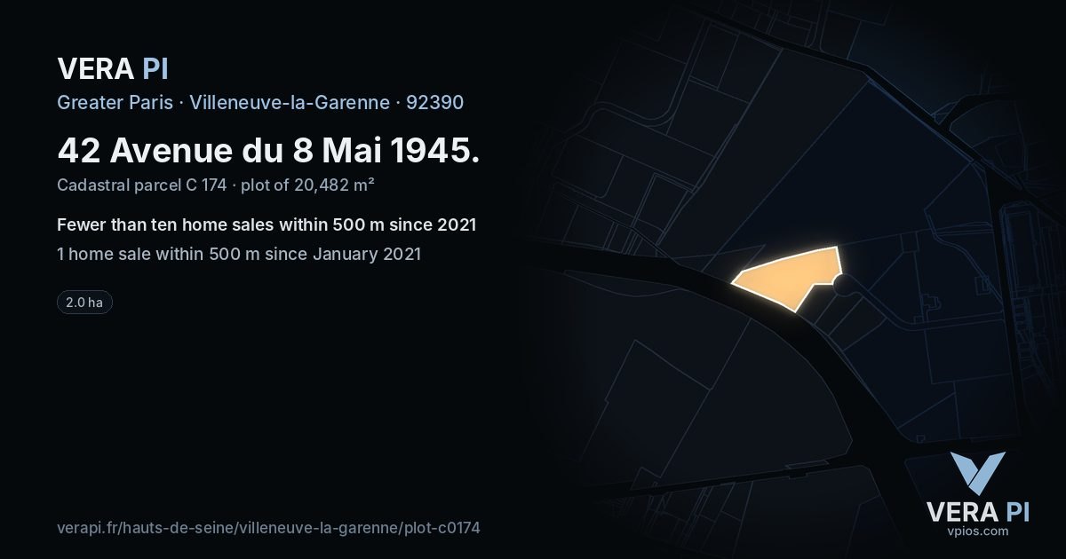 42 Avenue du 8 Mai 1945, Villeneuve-la-Garenne at night – the plot lit, the parcels around coloured by the prices near them