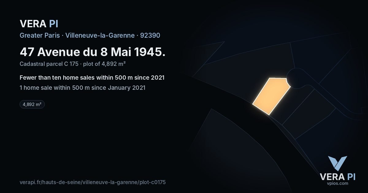 47 Avenue du 8 Mai 1945, Villeneuve-la-Garenne at night – the plot lit, the parcels around coloured by the prices near them