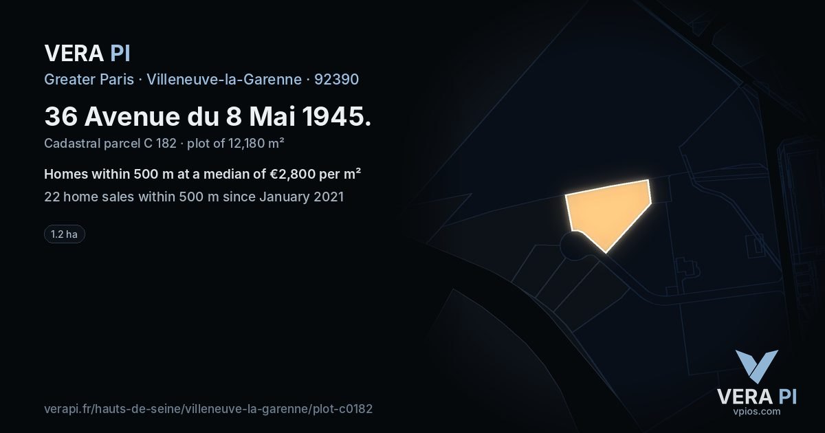 36 Avenue du 8 Mai 1945, Villeneuve-la-Garenne at night – the plot lit, the parcels around coloured by the prices near them