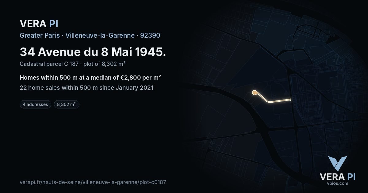34 Avenue du 8 Mai 1945, Villeneuve-la-Garenne at night – the plot lit, the parcels around coloured by the prices near them