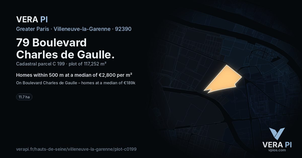 79 Boulevard Charles de Gaulle, Villeneuve-la-Garenne at night – the plot lit, the parcels around coloured by the prices near them