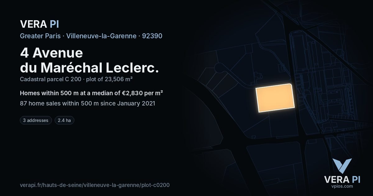 4 Avenue du Maréchal Leclerc, Villeneuve-la-Garenne at night – the plot lit, the parcels around coloured by the prices near them
