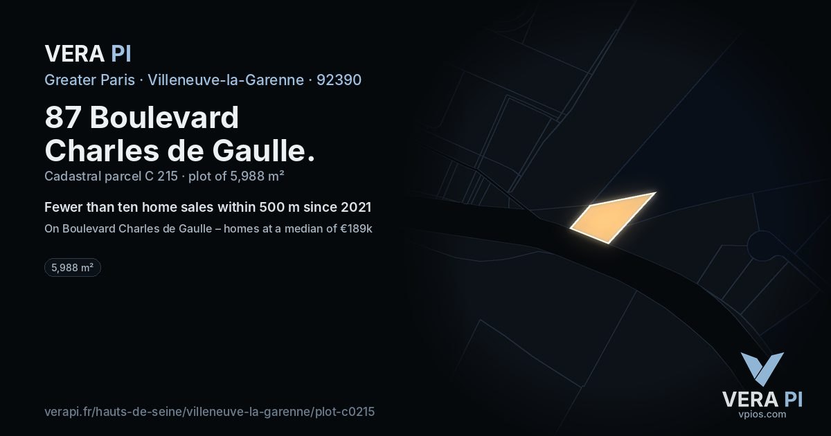 87 Boulevard Charles de Gaulle, Villeneuve-la-Garenne at night – the plot lit, the parcels around coloured by the prices near them