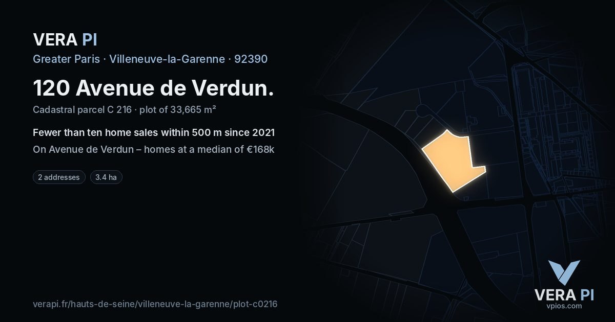 120 Avenue de Verdun, Villeneuve-la-Garenne at night – the plot lit, the parcels around coloured by the prices near them