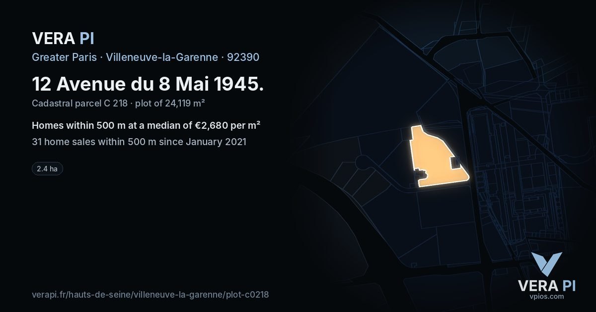 12 Avenue du 8 Mai 1945, Villeneuve-la-Garenne at night – the plot lit, the parcels around coloured by the prices near them