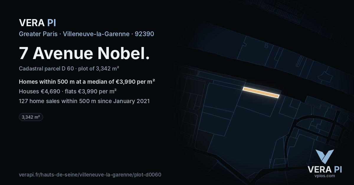 7 Avenue Nobel, Villeneuve-la-Garenne at night – the plot lit, the parcels around coloured by the prices near them