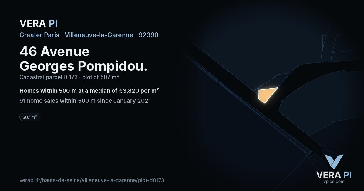 46 Avenue Georges Pompidou, Villeneuve-la-Garenne at night – the plot lit, the parcels around coloured by the prices near them
