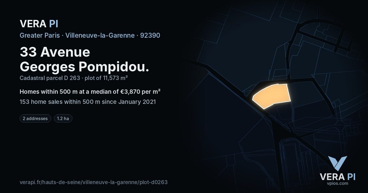 33 Avenue Georges Pompidou, Villeneuve-la-Garenne at night – the plot lit, the parcels around coloured by the prices near them