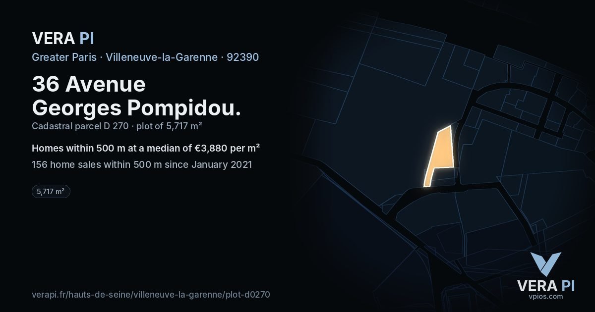 36 Avenue Georges Pompidou, Villeneuve-la-Garenne at night – the plot lit, the parcels around coloured by the prices near them