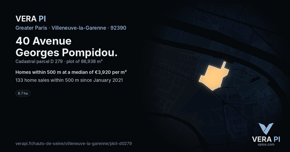 40 Avenue Georges Pompidou, Villeneuve-la-Garenne at night – the plot lit, the parcels around coloured by the prices near them