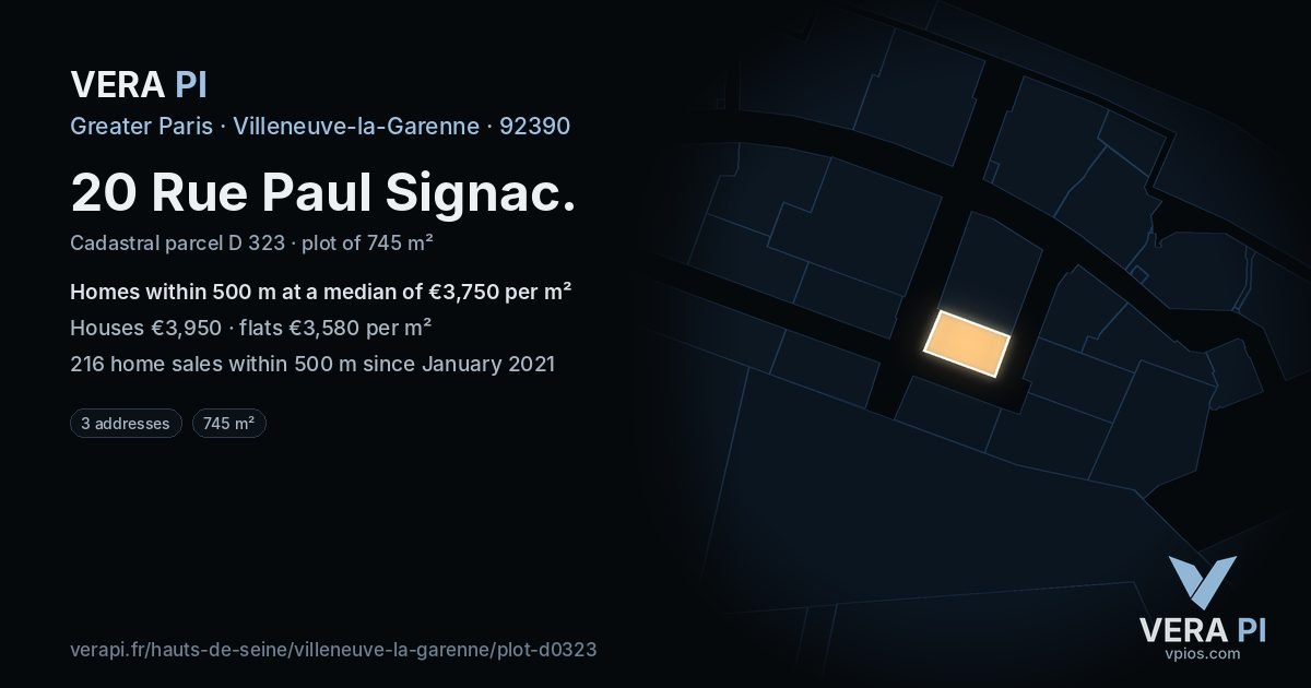 20 Rue Paul Signac, Villeneuve-la-Garenne at night – the plot lit, the parcels around coloured by the prices near them