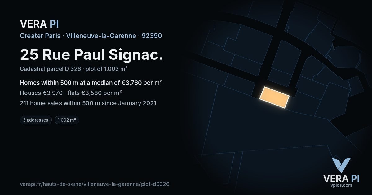 25 Rue Paul Signac, Villeneuve-la-Garenne at night – the plot lit, the parcels around coloured by the prices near them