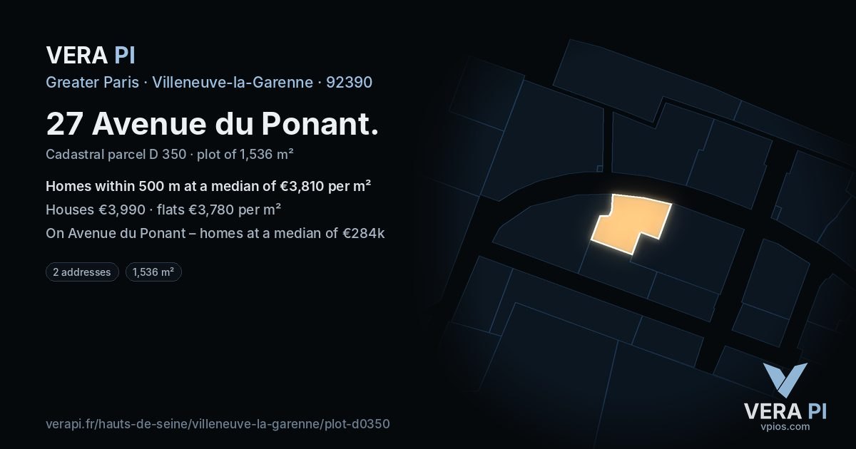 27 Avenue du Ponant, Villeneuve-la-Garenne at night – the plot lit, the parcels around coloured by the prices near them