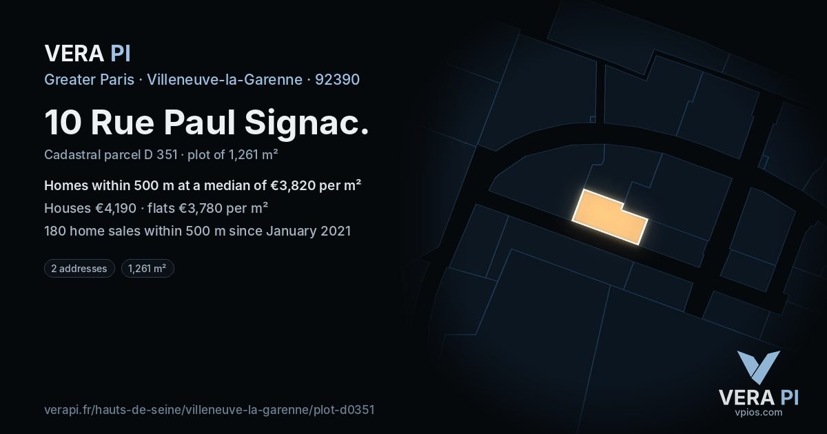 10 Rue Paul Signac, Villeneuve-la-Garenne at night – the plot lit, the parcels around coloured by the prices near them