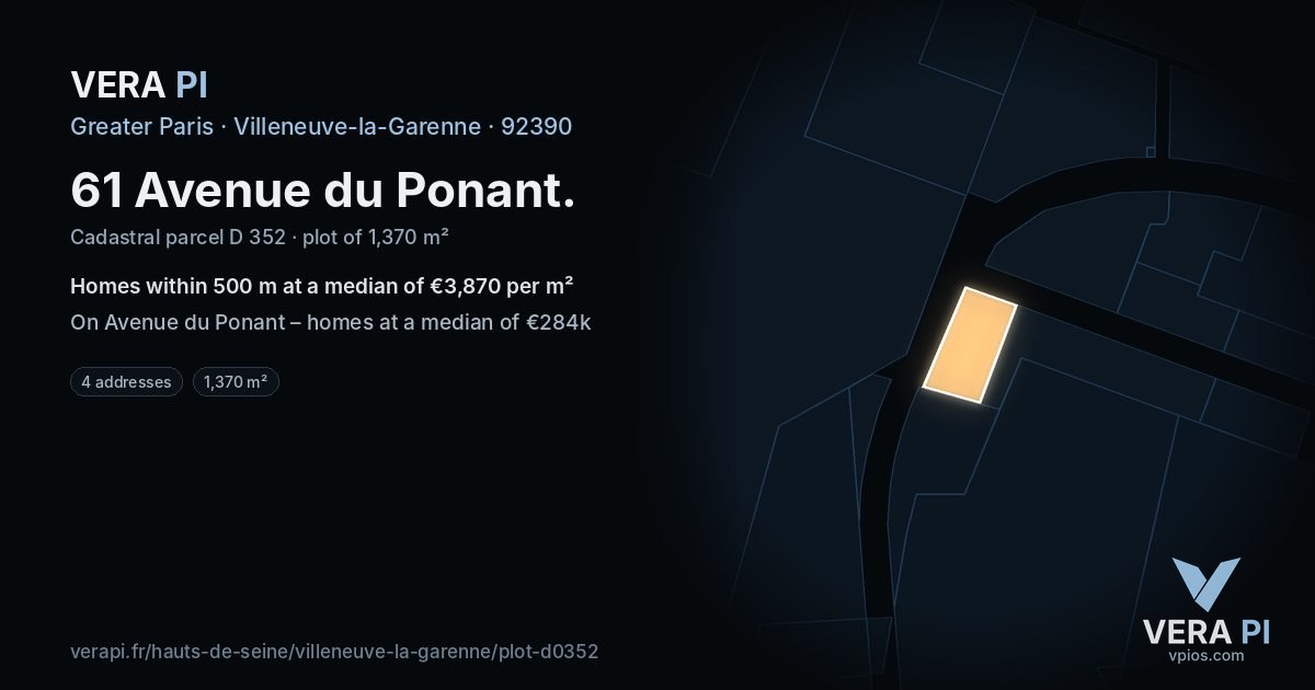 61 Avenue du Ponant, Villeneuve-la-Garenne at night – the plot lit, the parcels around coloured by the prices near them