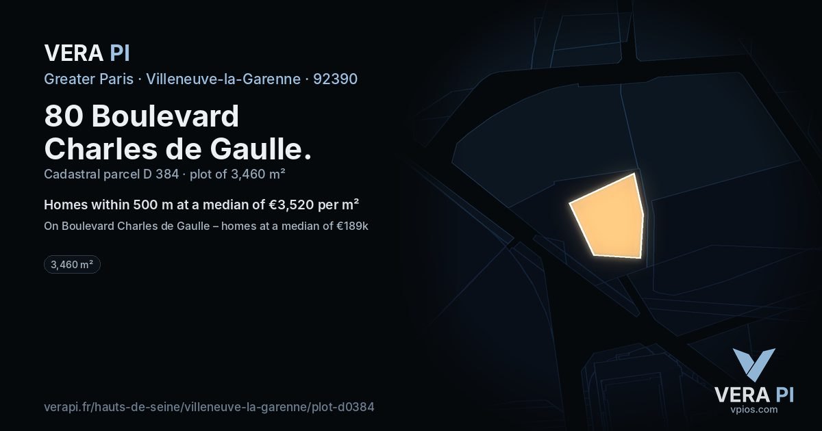 80 Boulevard Charles de Gaulle, Villeneuve-la-Garenne at night – the plot lit, the parcels around coloured by the prices near them
