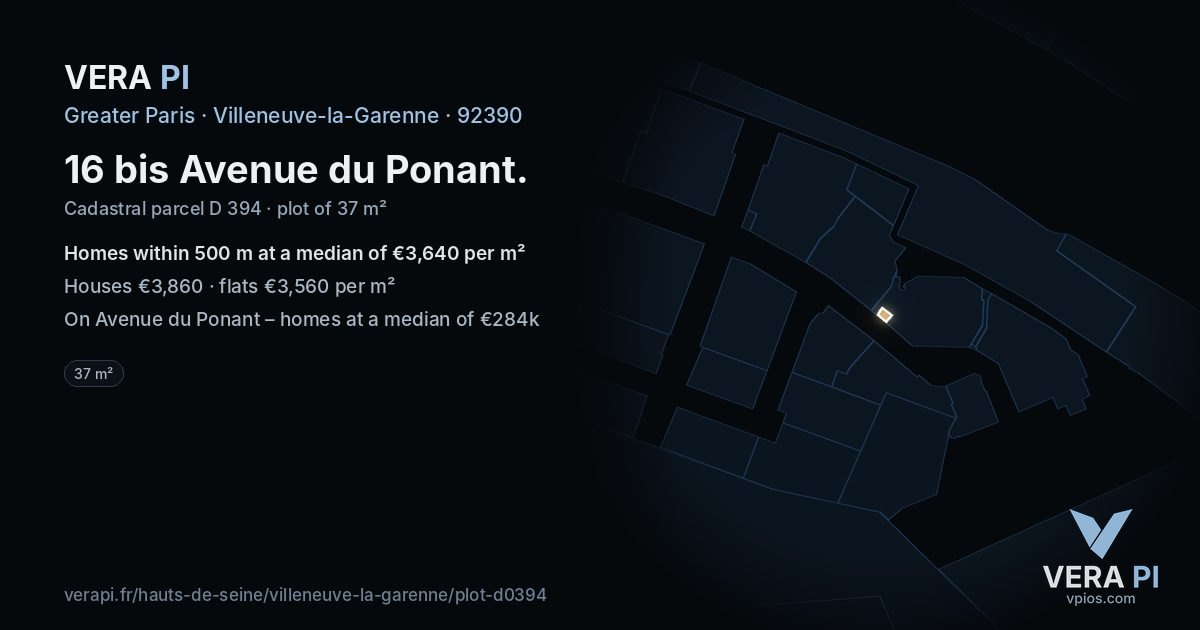 16 bis Avenue du Ponant, Villeneuve-la-Garenne at night – the plot lit, the parcels around coloured by the prices near them