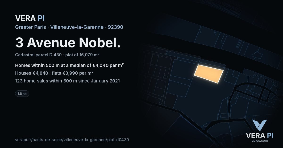 3 Avenue Nobel, Villeneuve-la-Garenne at night – the plot lit, the parcels around coloured by the prices near them