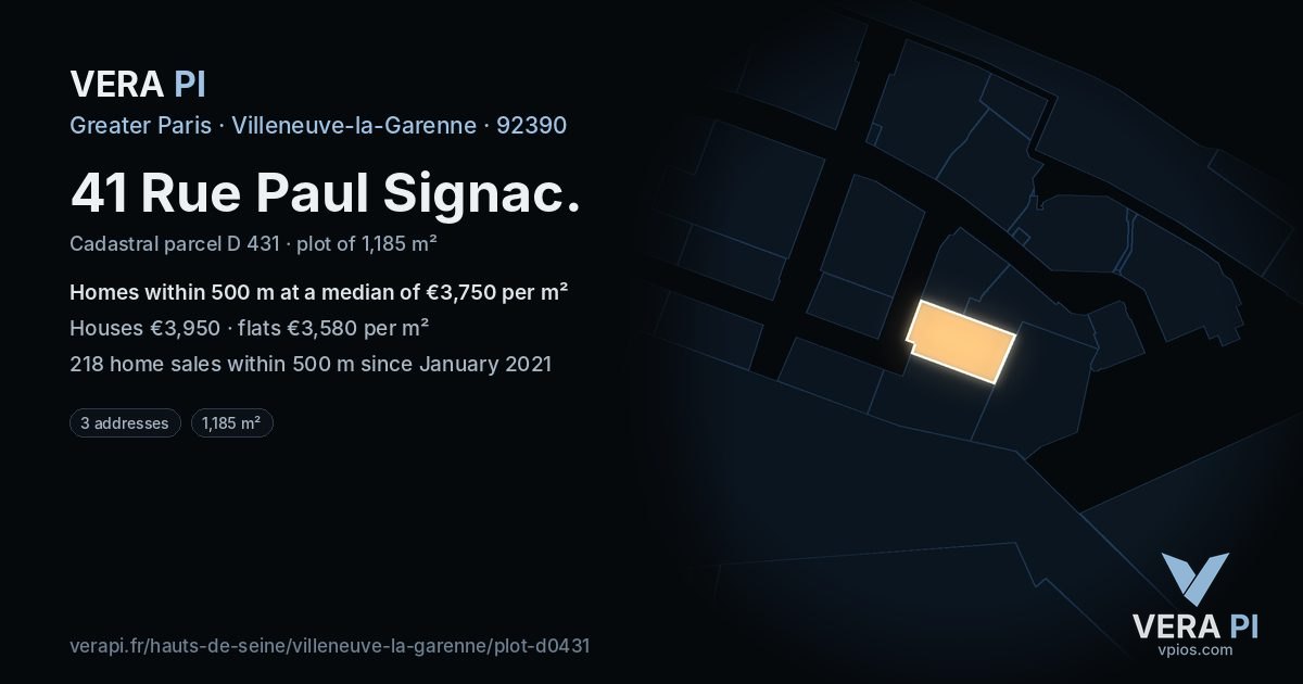 41 Rue Paul Signac, Villeneuve-la-Garenne at night – the plot lit, the parcels around coloured by the prices near them