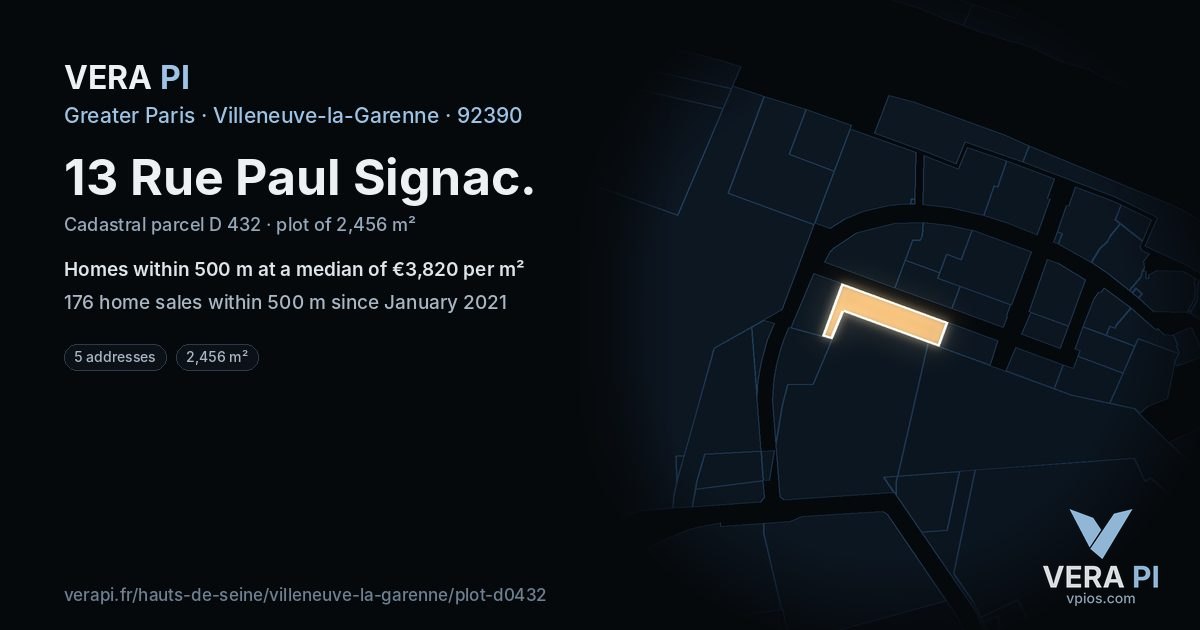 13 Rue Paul Signac, Villeneuve-la-Garenne at night – the plot lit, the parcels around coloured by the prices near them