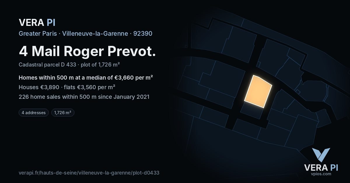 4 Mail Roger Prevot, Villeneuve-la-Garenne at night – the plot lit, the parcels around coloured by the prices near them