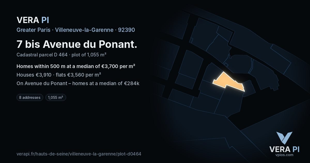 7 bis Avenue du Ponant, Villeneuve-la-Garenne at night – the plot lit, the parcels around coloured by the prices near them