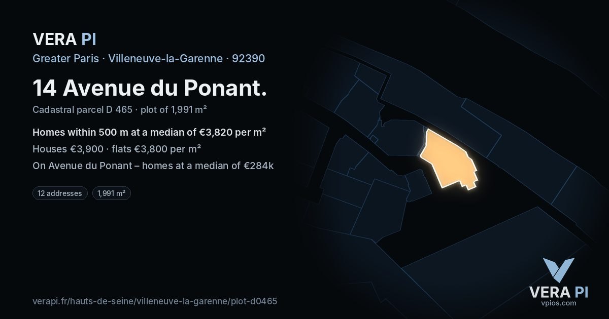 14 Avenue du Ponant, Villeneuve-la-Garenne at night – the plot lit, the parcels around coloured by the prices near them