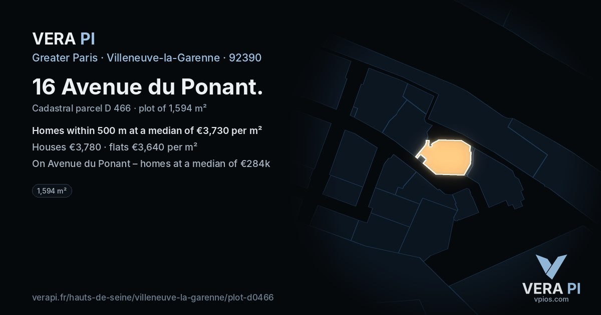 16 Avenue du Ponant, Villeneuve-la-Garenne at night – the plot lit, the parcels around coloured by the prices near them