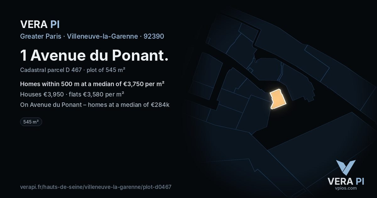 1 Avenue du Ponant, Villeneuve-la-Garenne at night – the plot lit, the parcels around coloured by the prices near them