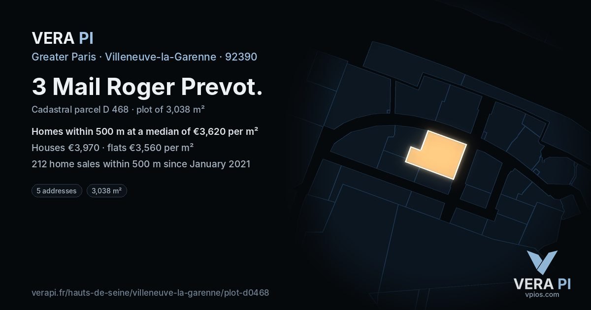 3 Mail Roger Prevot, Villeneuve-la-Garenne at night – the plot lit, the parcels around coloured by the prices near them