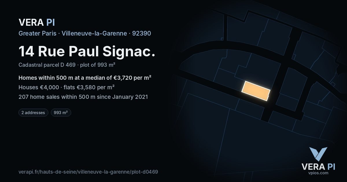 14 Rue Paul Signac, Villeneuve-la-Garenne at night – the plot lit, the parcels around coloured by the prices near them