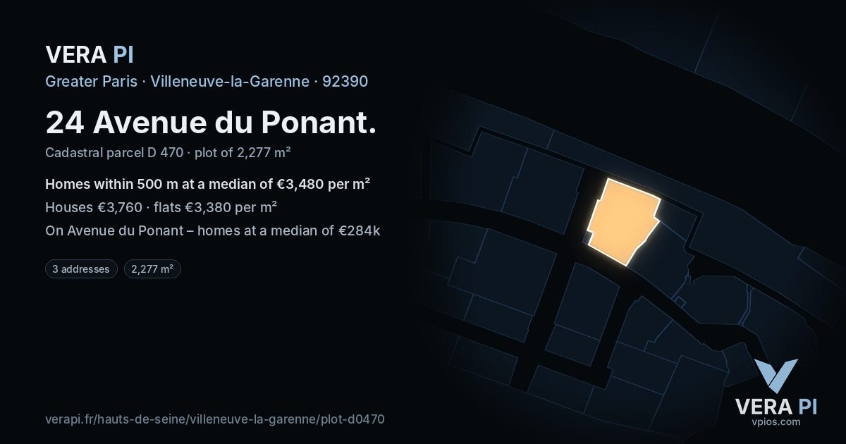 24 Avenue du Ponant, Villeneuve-la-Garenne at night – the plot lit, the parcels around coloured by the prices near them