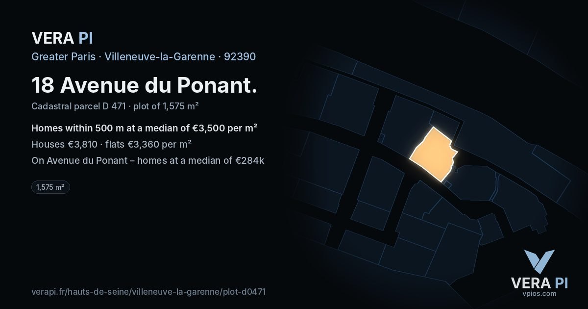 18 Avenue du Ponant, Villeneuve-la-Garenne at night – the plot lit, the parcels around coloured by the prices near them