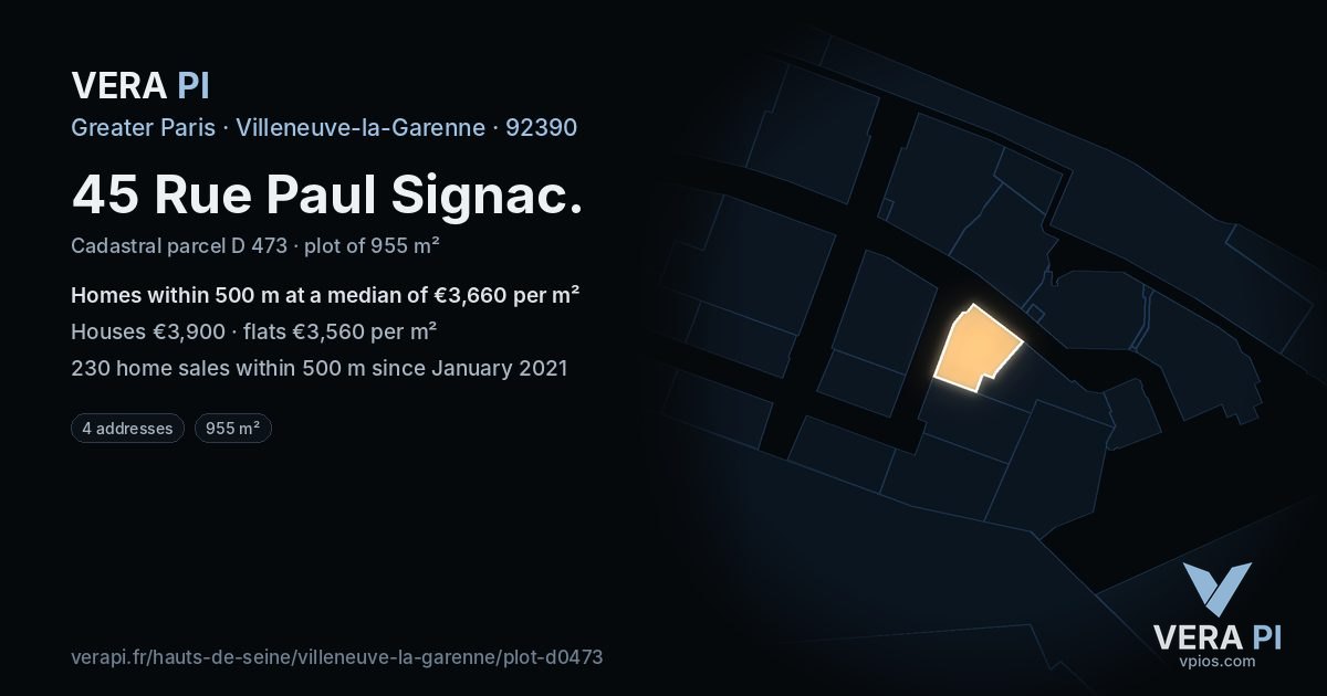 45 Rue Paul Signac, Villeneuve-la-Garenne at night – the plot lit, the parcels around coloured by the prices near them