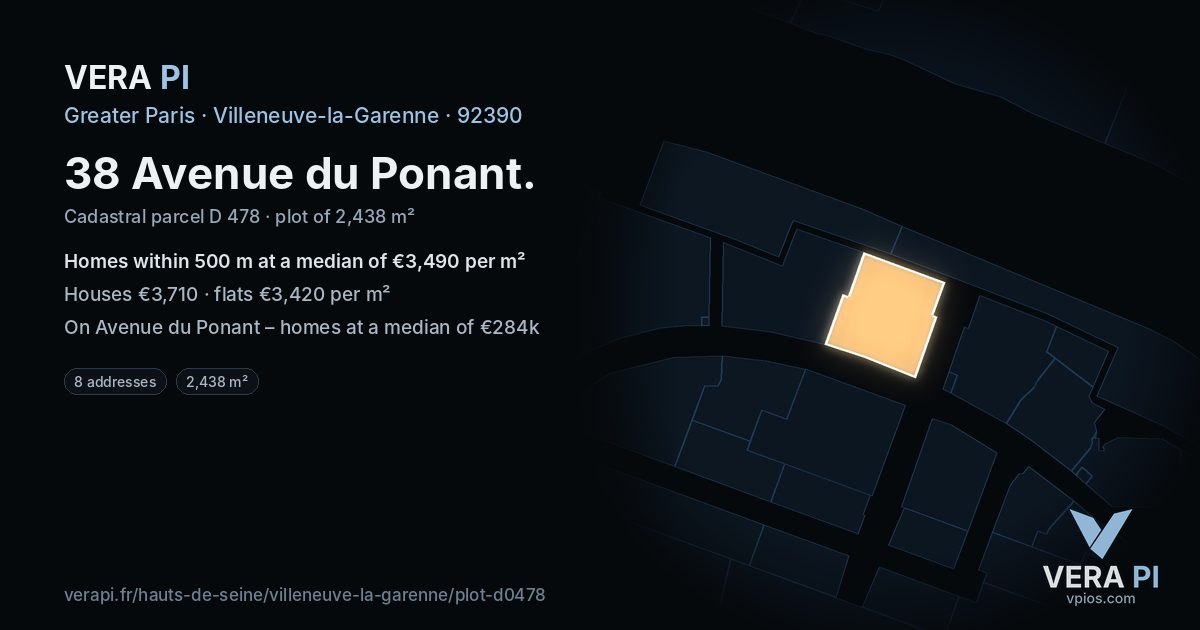 38 Avenue du Ponant, Villeneuve-la-Garenne at night – the plot lit, the parcels around coloured by the prices near them