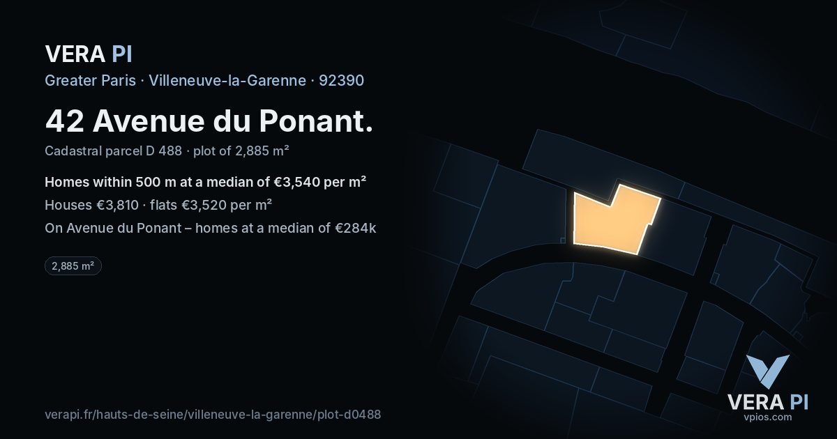 42 Avenue du Ponant, Villeneuve-la-Garenne at night – the plot lit, the parcels around coloured by the prices near them