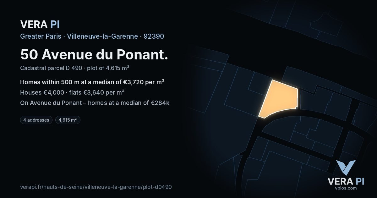 50 Avenue du Ponant, Villeneuve-la-Garenne at night – the plot lit, the parcels around coloured by the prices near them
