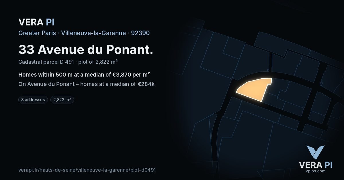 33 Avenue du Ponant, Villeneuve-la-Garenne at night – the plot lit, the parcels around coloured by the prices near them