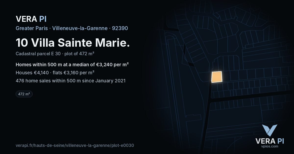 10 Villa Sainte Marie, Villeneuve-la-Garenne at night – the plot lit, the parcels around coloured by the prices near them