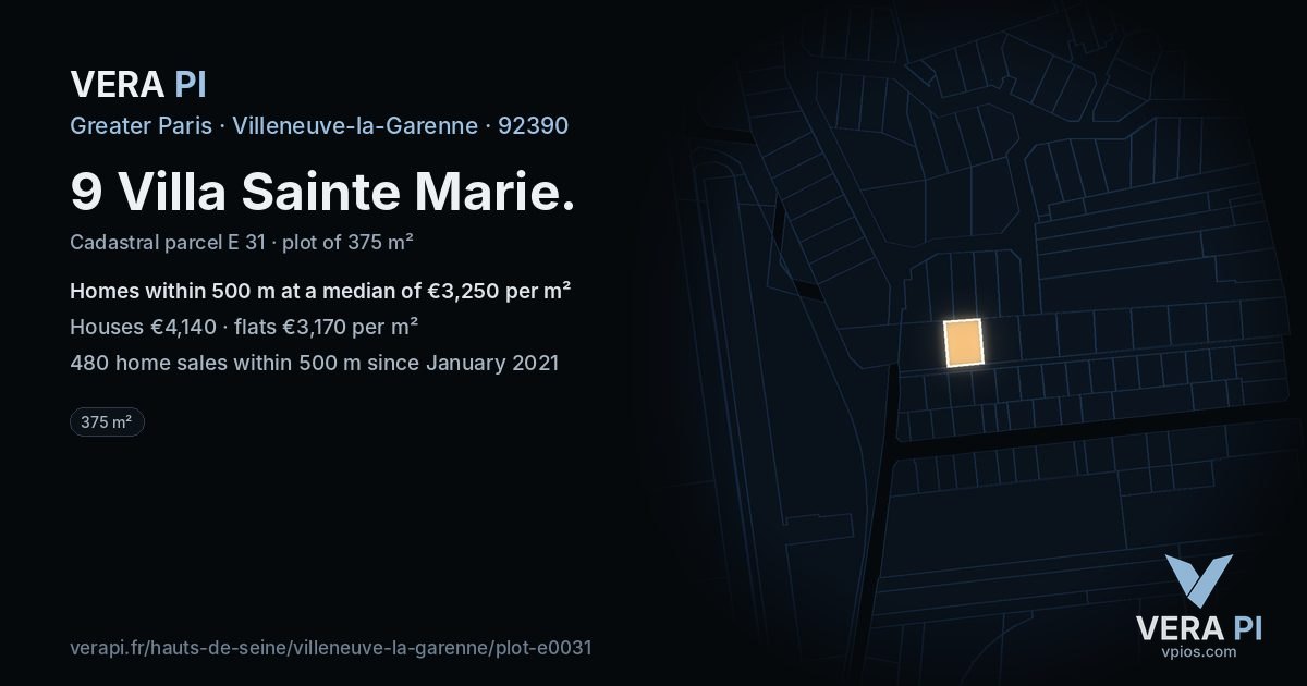 9 Villa Sainte Marie, Villeneuve-la-Garenne at night – the plot lit, the parcels around coloured by the prices near them
